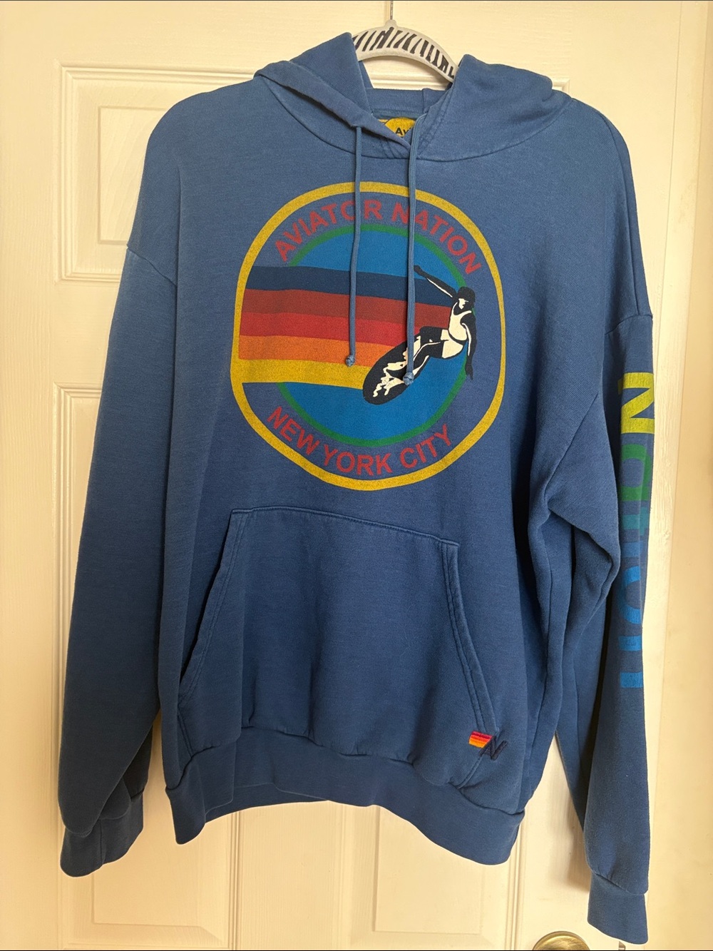 Aviator Nation Blue Crewneck Hoodie with Retro Multicolor Logo